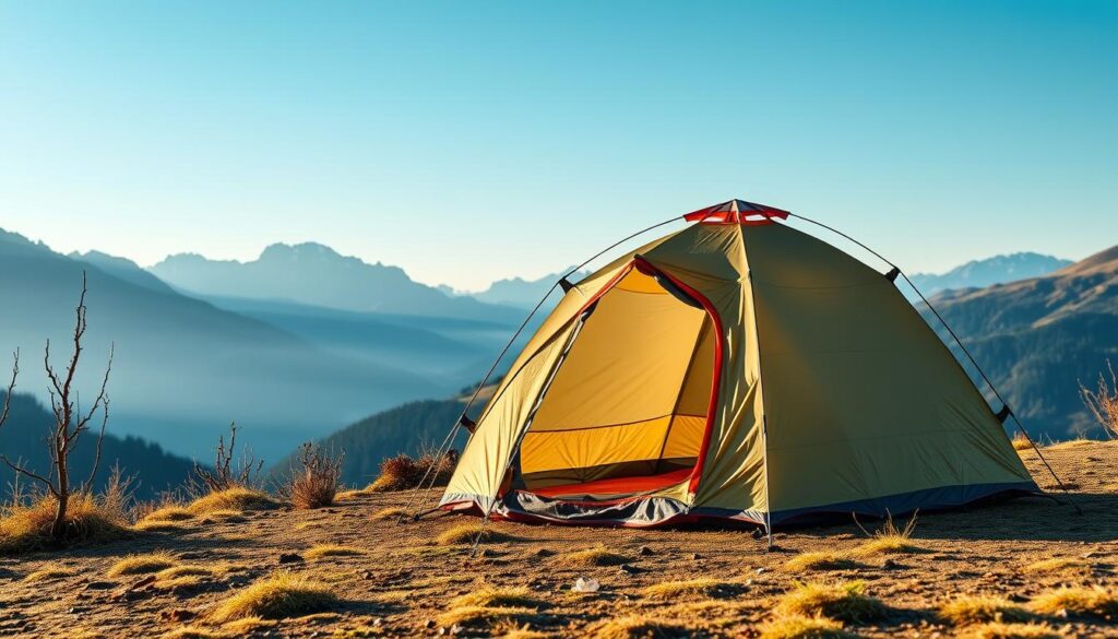Barraca Naturehike montada em ambiente de camping com montanhas ao fundo