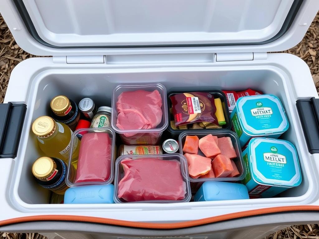 Caixa térmica organizada com alimentos para acampamento
