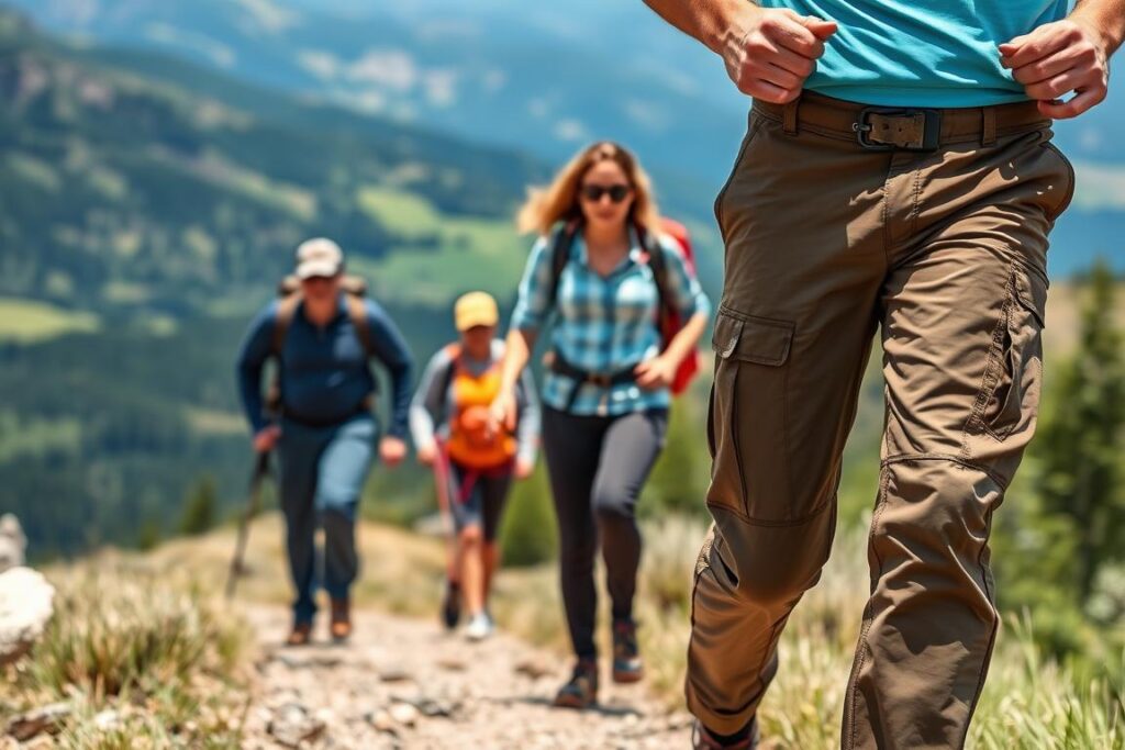 Calça de trilha com tecido resistente e flexível em uso durante caminhada