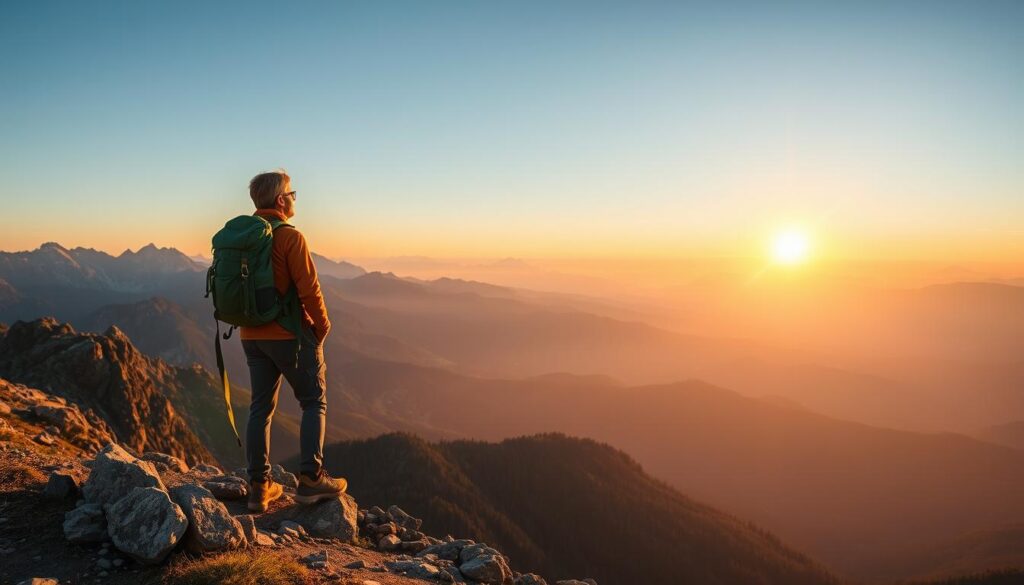 Caminhante desfrutando de vista panorâmica após aplicar técnicas corretas de amarração de bota trekking