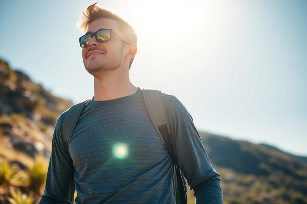 Camiseta de manga comprida com proteção UV sendo usada em trilha ensolarada