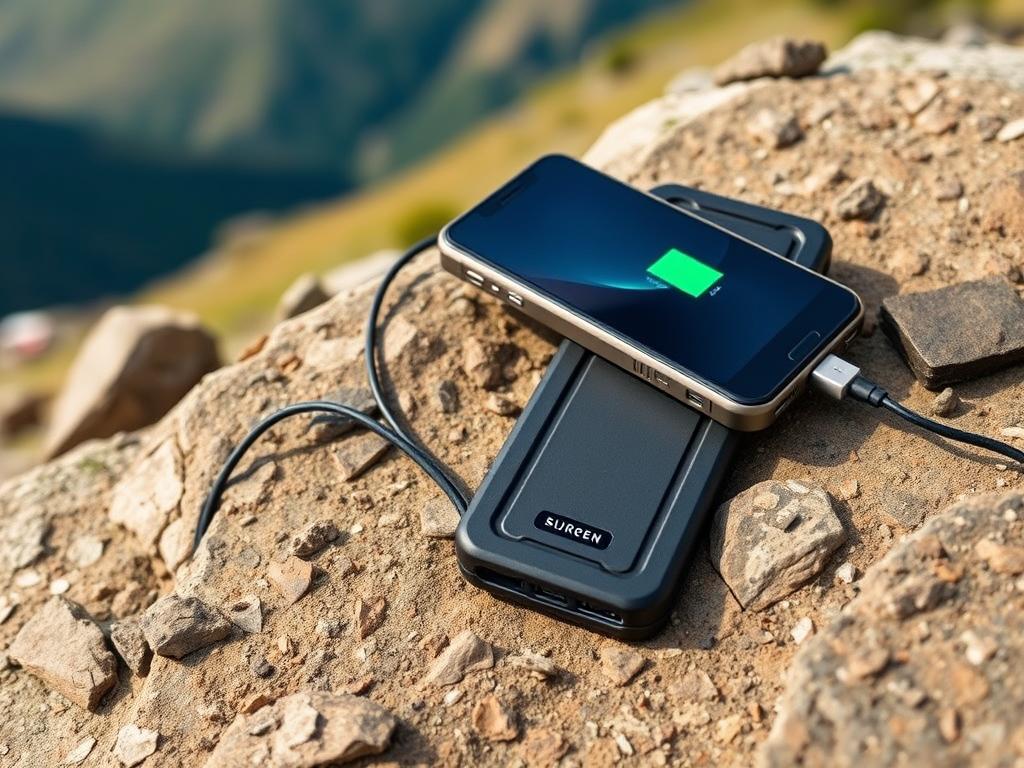 Carregador portátil resistente sendo usado para carregar celular durante trilha