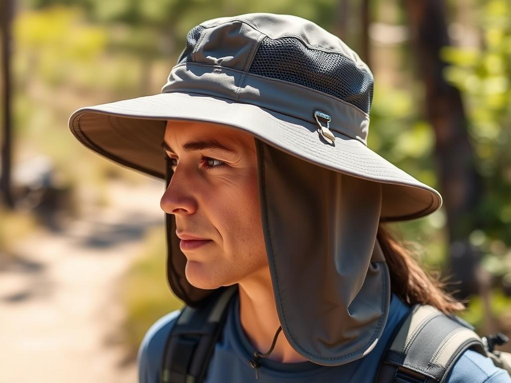 Chapéu de trilha com proteção de pescoço e tecido respirável em uso