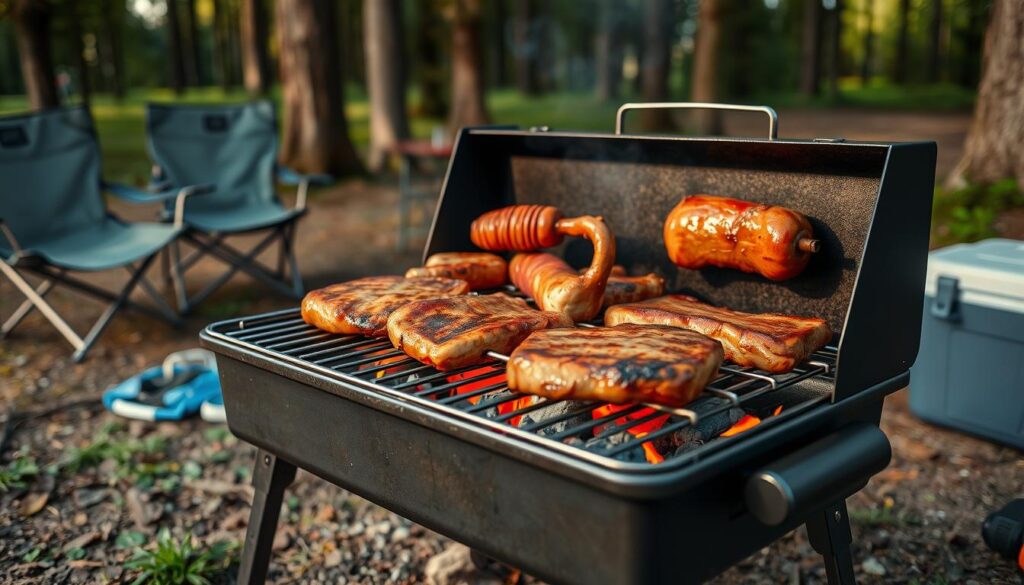 Churrasco sendo preparado em uma grelha portátil de acampamento