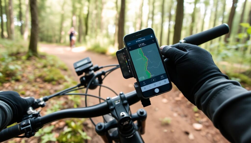 Ciclista usando Strava para registrar trilha de mountain bike