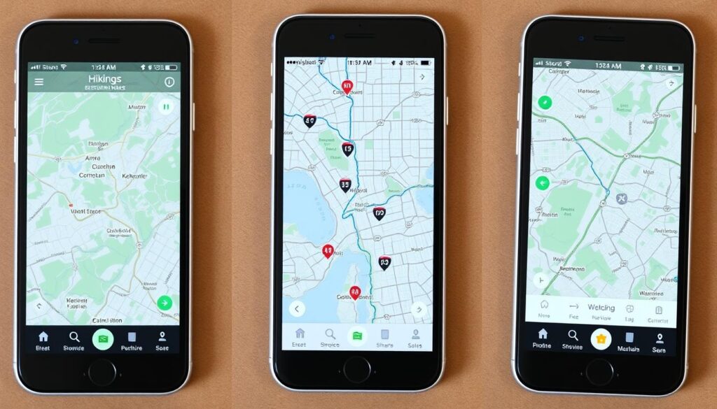 Comparação de interfaces de diferentes aplicativos de trilhas em smartphones