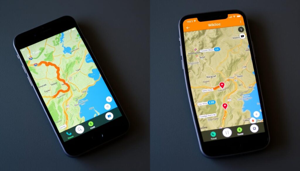 Comparação lado a lado entre interfaces do AllTrails e Wikiloc