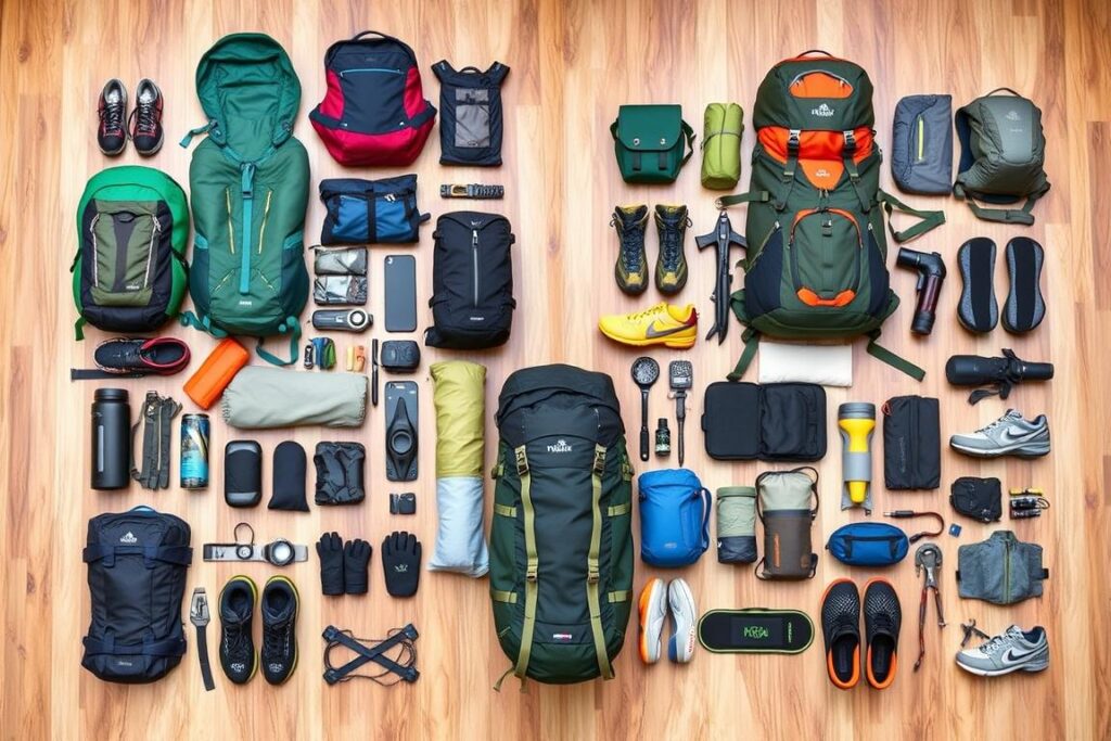 Comparação visual entre equipamentos de trekking e hiking