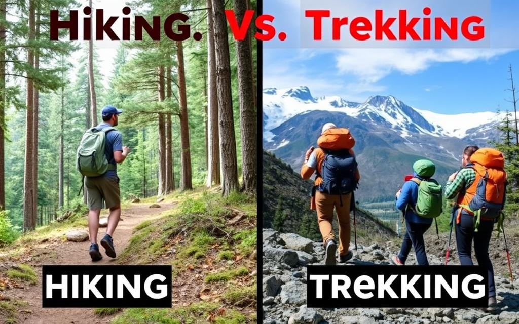 Comparação visual entre hiking e trekking, mostrando a diferença entre hiking vs trekking em uma montagem