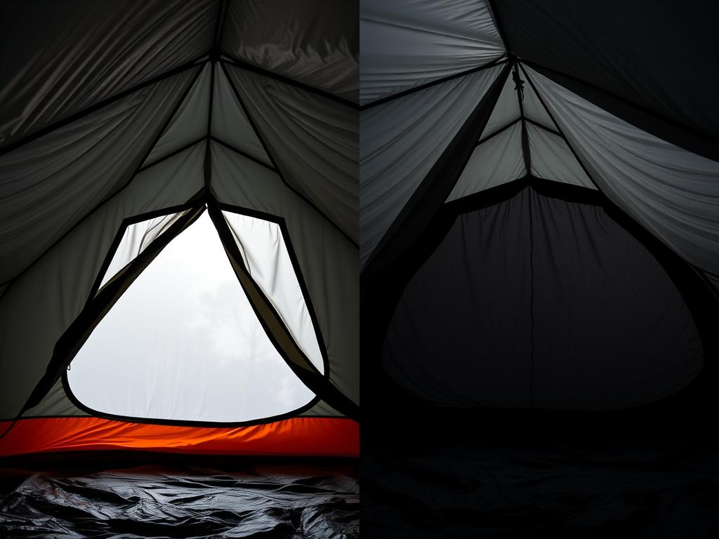 Demonstração da tecnologia Fresh & Black da Quechua mostrando o interior escuro da barraca mesmo durante o dia