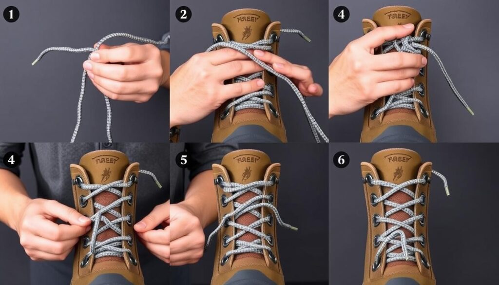 Demonstração passo a passo da técnica de amarração cruzada para bota trekking