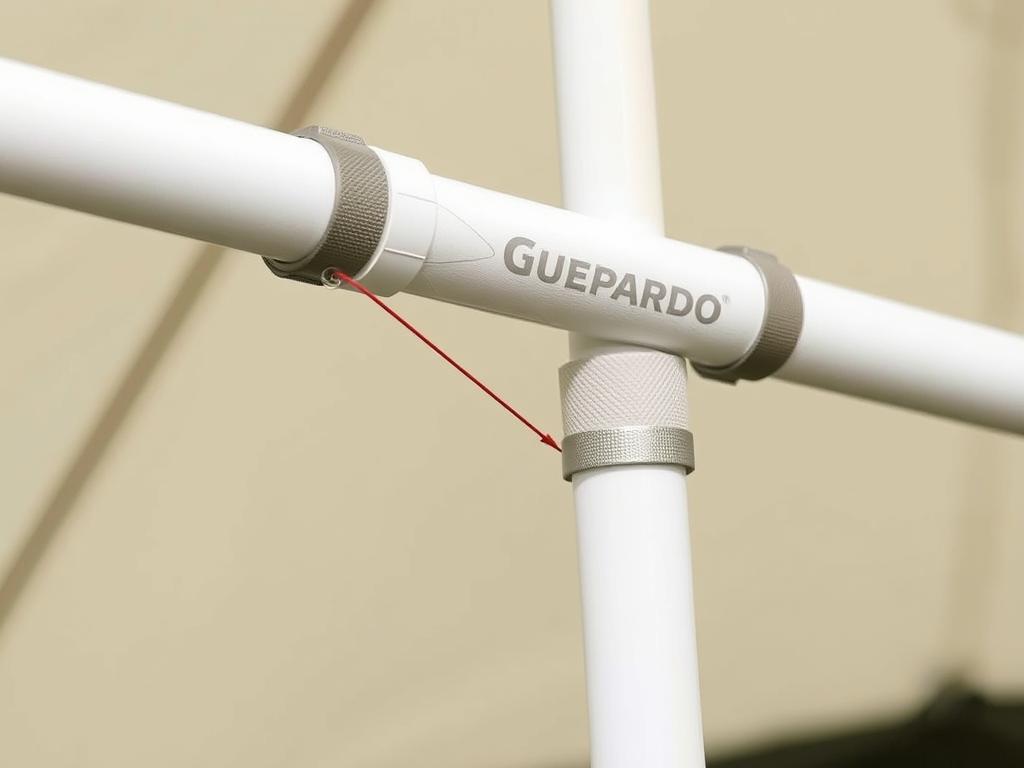 Detalhe das varetas de fibra de vidro da barraca Guepardo mostrando sua flexibilidade e resistência