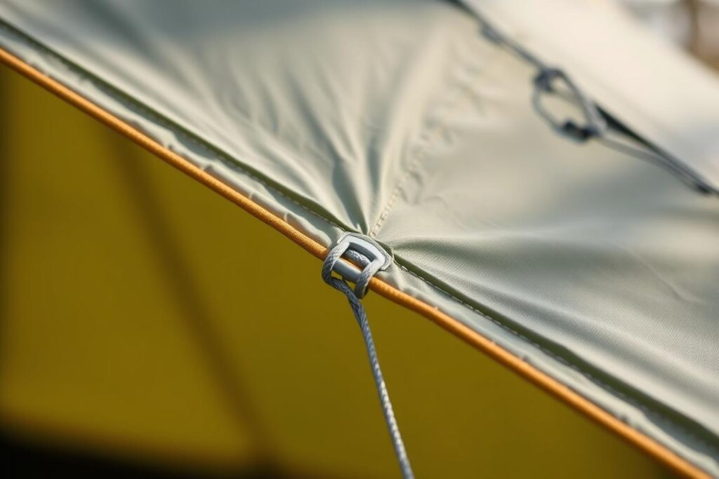 Detalhe do tecido e das varetas de fibra de vidro de uma barraca Echolife