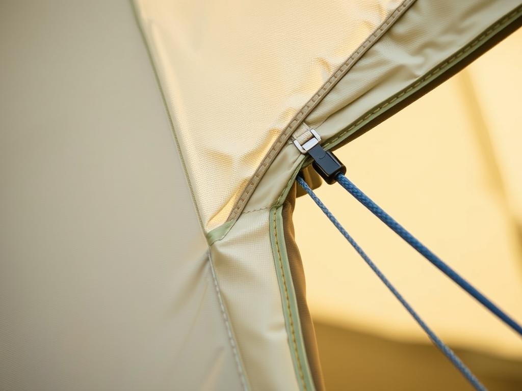 Detalhes técnicos de uma barraca Naturehike mostrando costuras, tecido e varetas