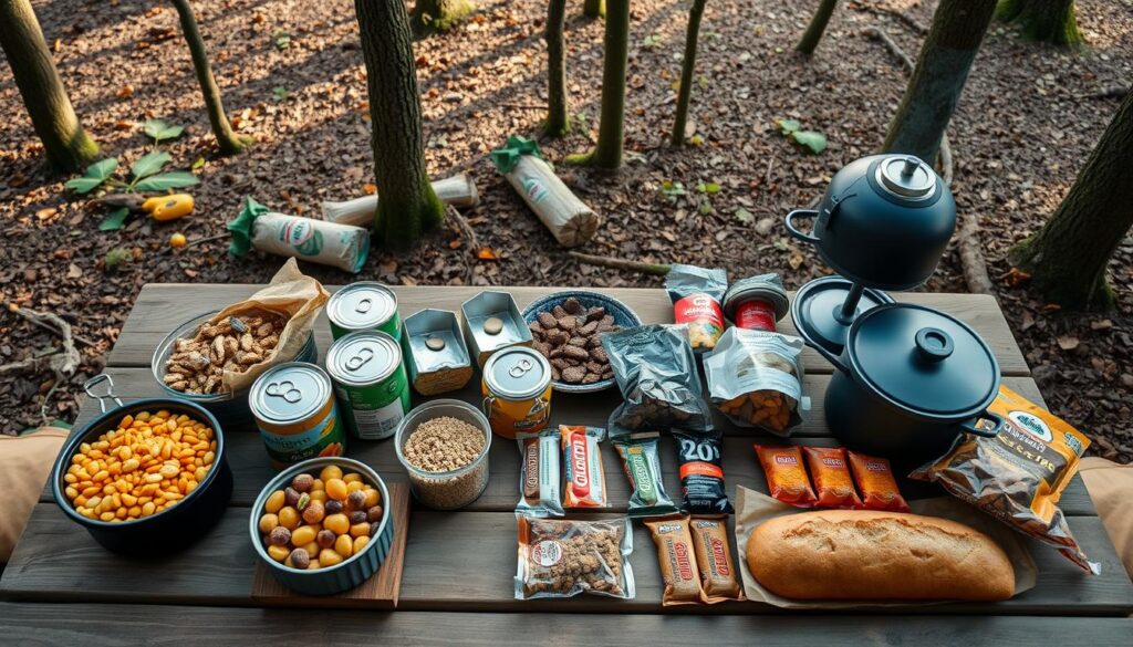 Diversas opções de comida para acampar organizadas em uma mesa de camping