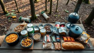 Diversas opções de comida para acampar organizadas em uma mesa de camping