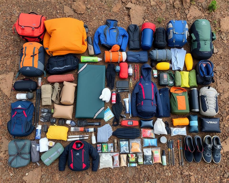 Equipamentos essenciais para trekking organizados, mostrando a diferença entre hiking vs trekking em termos de necessidades
