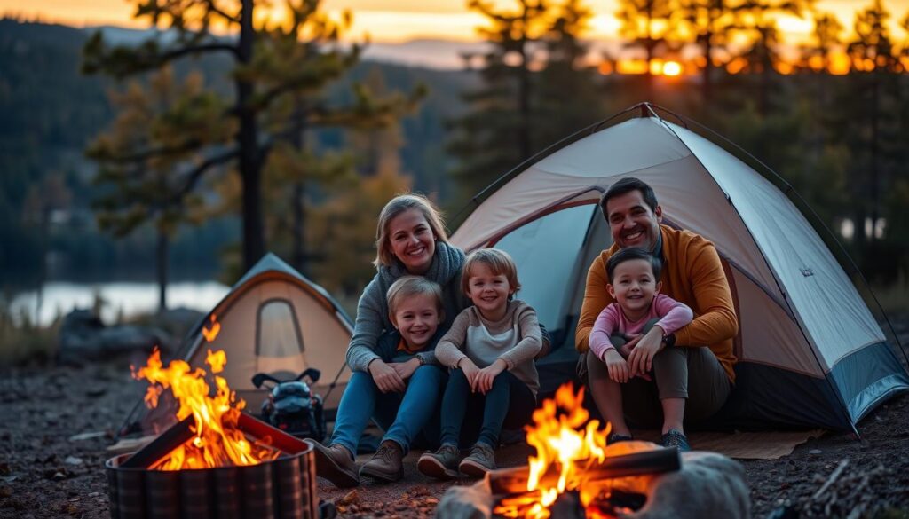 Família feliz em frente a uma barraca Echolife montada em um belo cenário natural