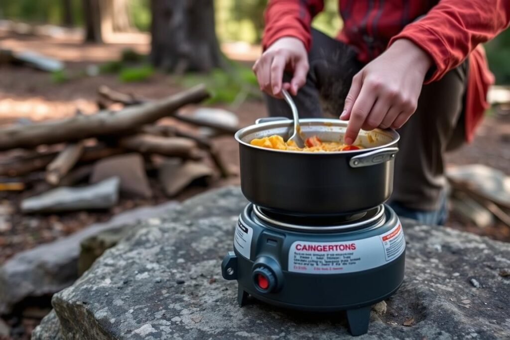 Fogareiro portátil em uso durante preparo de refeição em acampamento