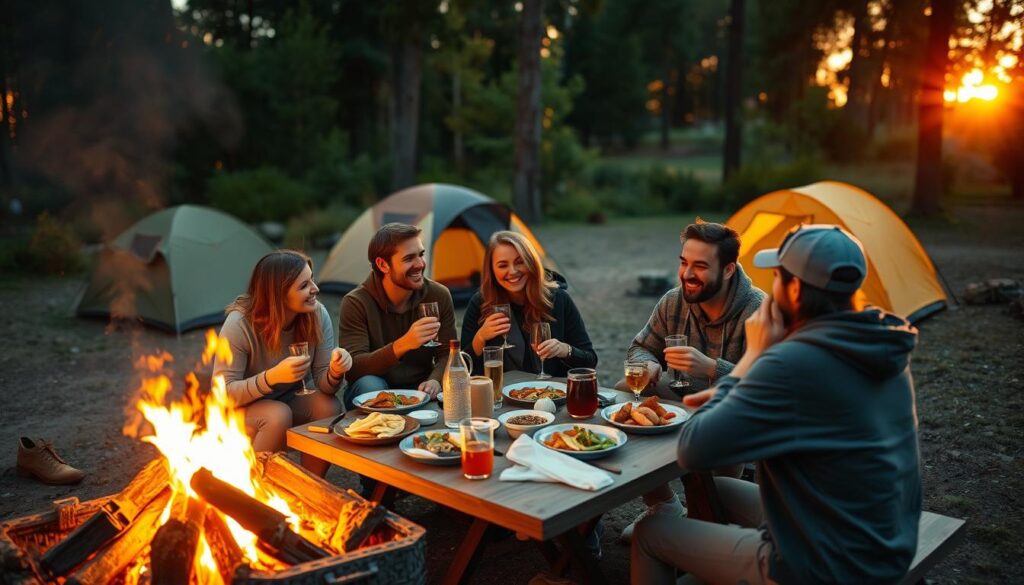 Grupo de amigos desfrutando de refeição em acampamento ao pôr do sol