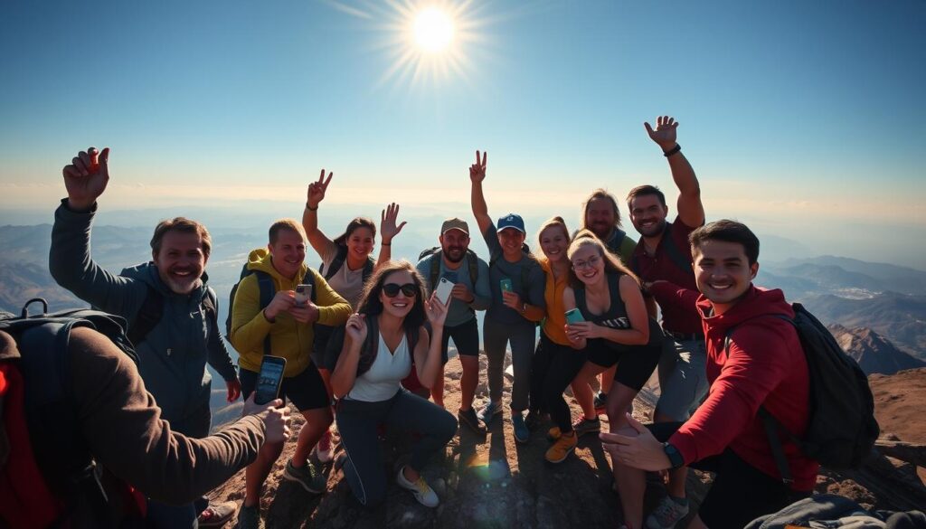 Grupo de aventureiros celebrando no topo de uma montanha após usar o Wikiloc