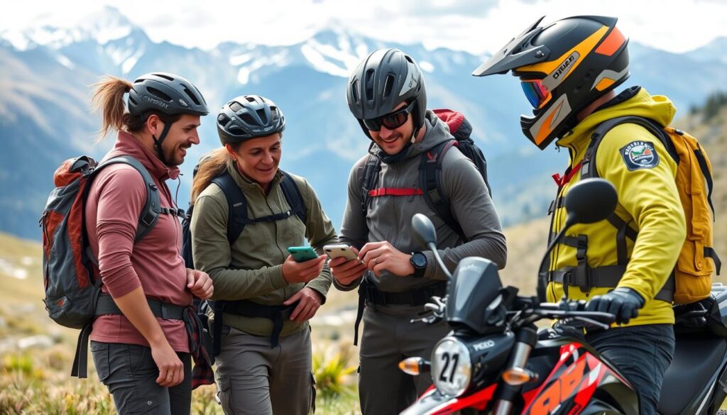 Grupo de aventureiros consultando aplicativo de trilhas durante expedição na natureza