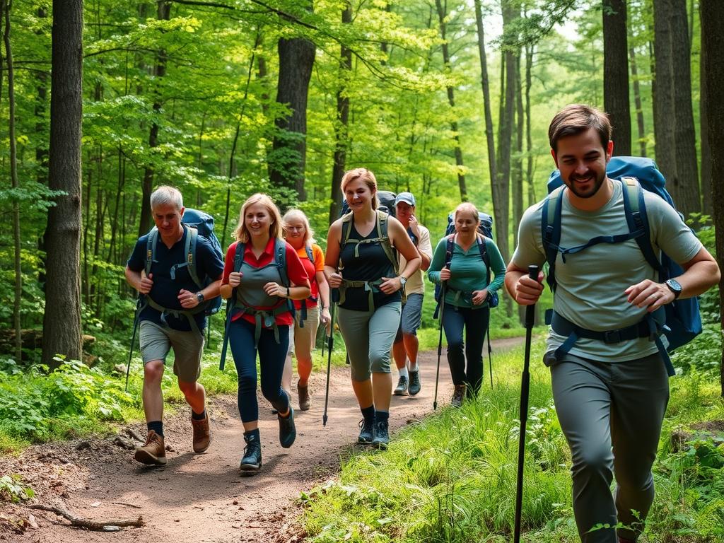 Grupo de pessoas praticando trekking em uma trilha na floresta