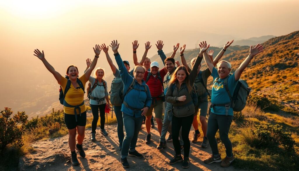 Grupo de trekkers celebrando ao chegar ao destino final da trilha