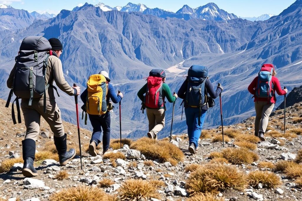 Grupo realizando trekking em montanha com equipamentos completos, ilustrando a diferença entre hiking vs trekking
