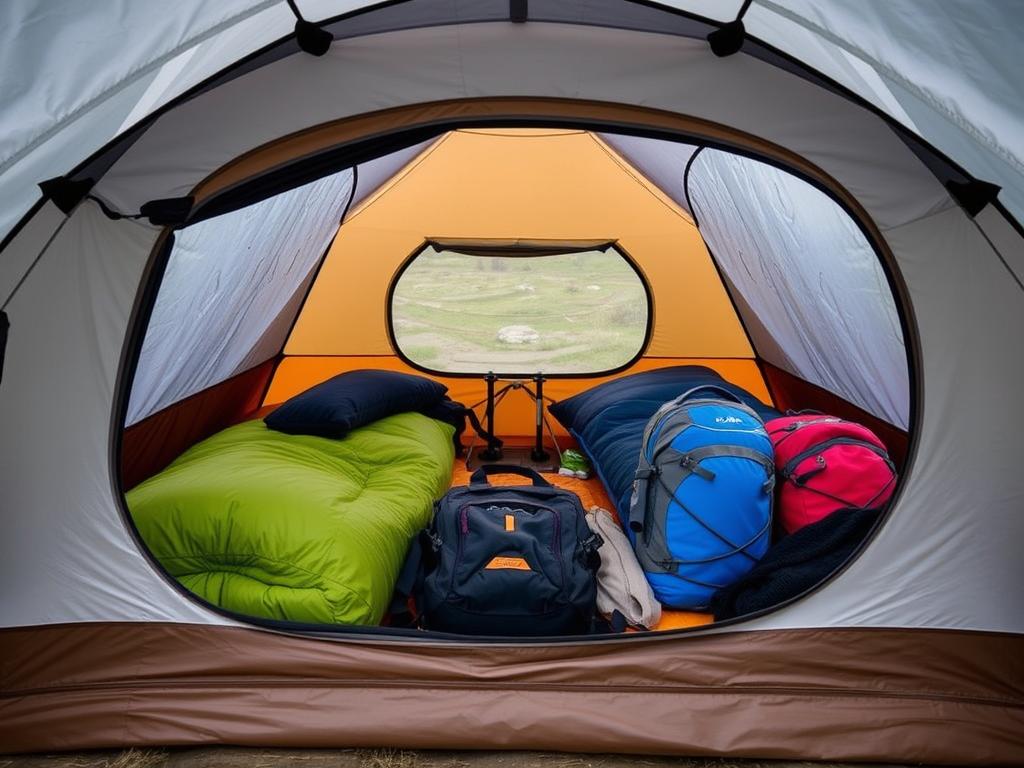 Interior de uma barraca Echolife mostrando o espaço para ocupantes e bagagens