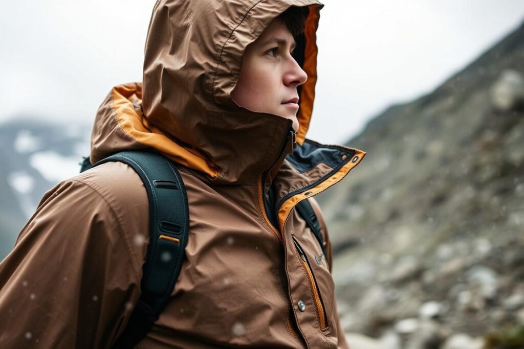 Jaqueta impermeável para trilha protegendo contra chuva em ambiente montanhoso