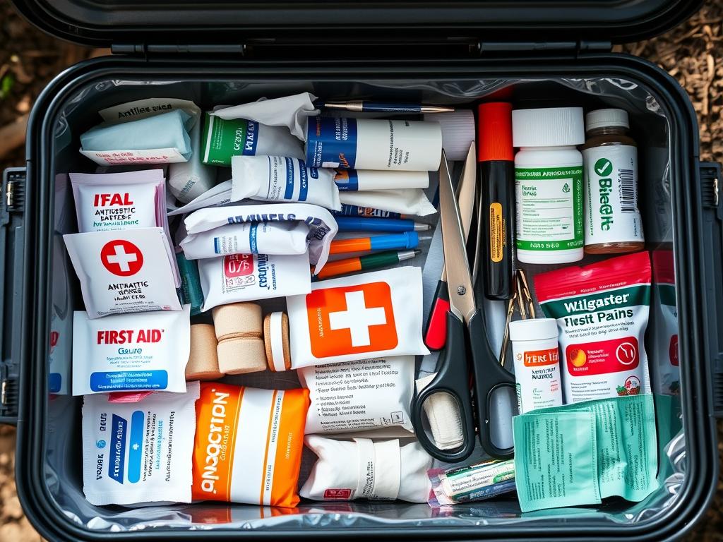 Kit de primeiros socorros aberto mostrando itens essenciais para trilha