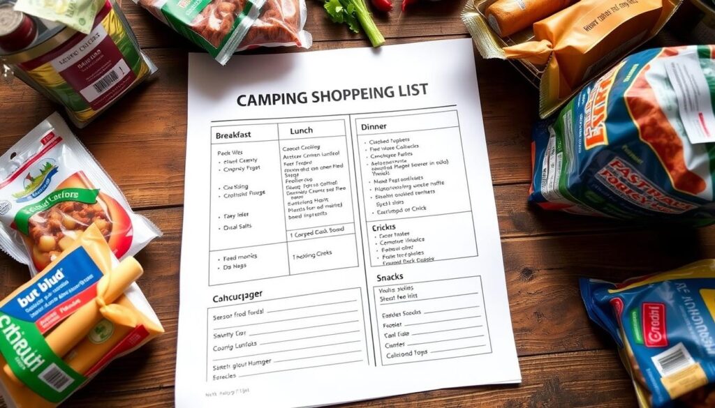 Lista de compras organizada para acampamento com alimentos separados por categorias