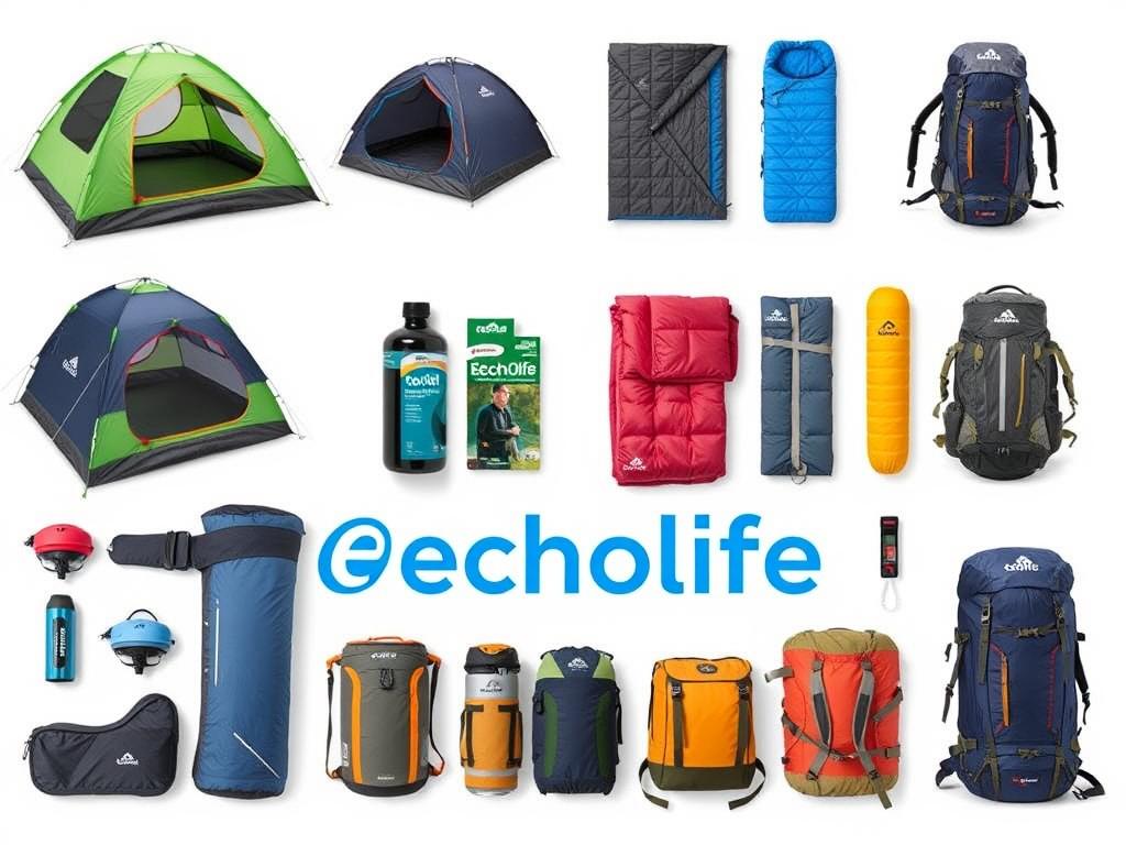 Logo da marca Echolife e diversos produtos de camping da marca expostos