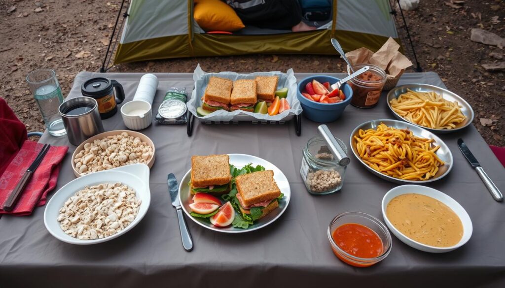 Mesa de acampamento com refeições organizadas para diferentes momentos do dia