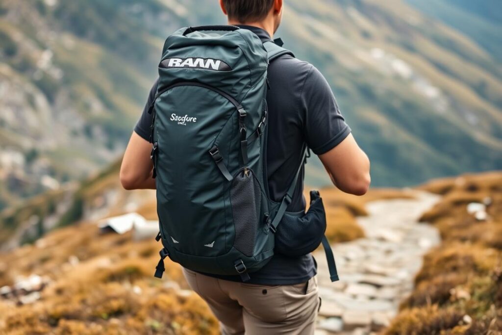 Mochila de trilha com capacidade de 25 litros em uso durante uma caminhada na montanha