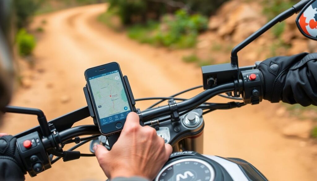 Motociclista usando aplicativo de trilha em uma aventura off-road