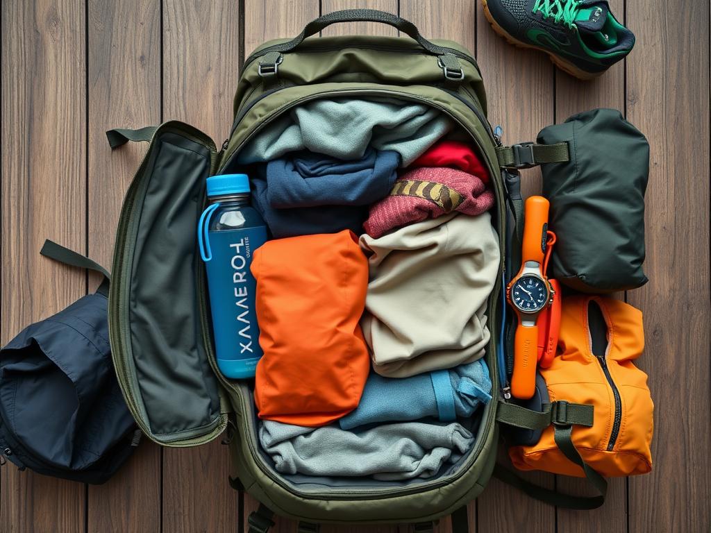 Organização de itens dentro de uma mochila de trekking com peso distribuído corretamente