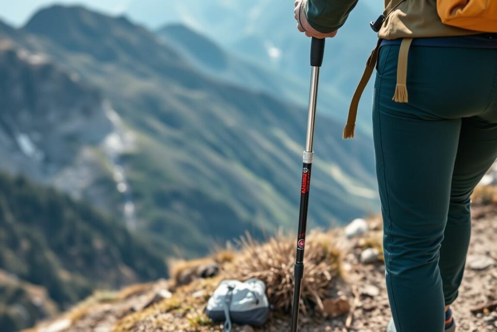 Par de bastões de caminhada em uso durante uma trilha em terreno irregular