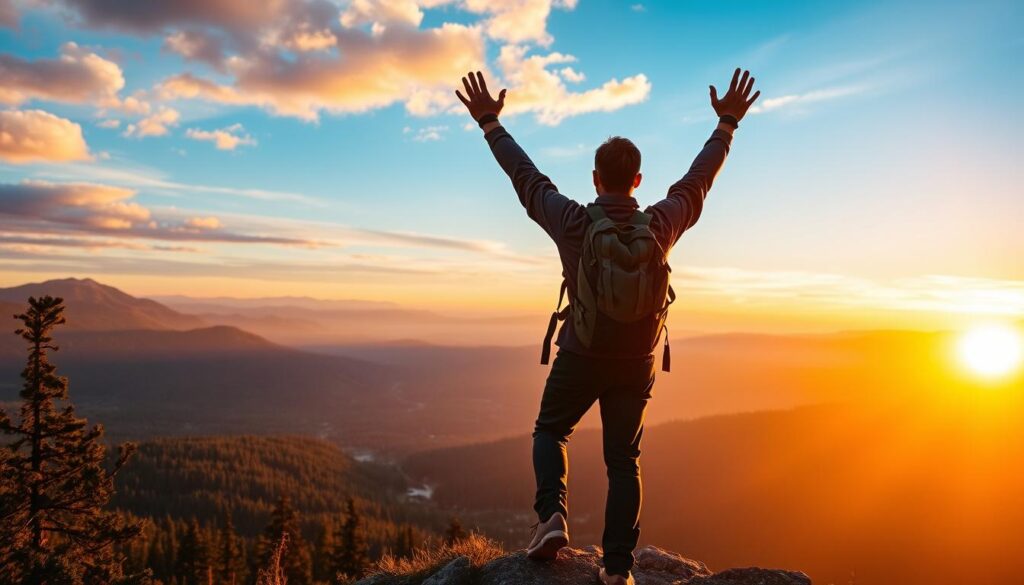 Pessoa apreciando vista panorâmica após completar uma trilha