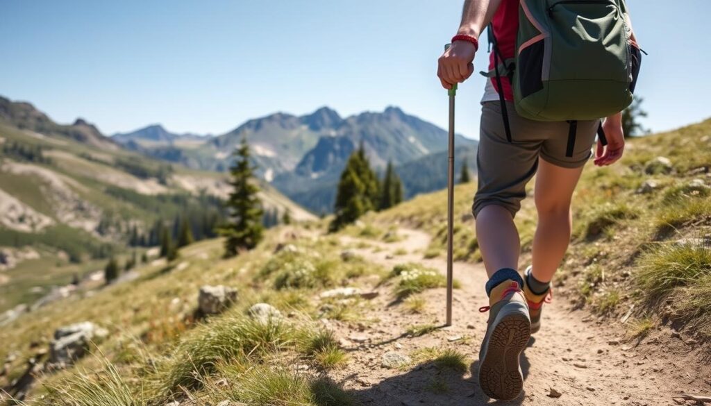 Pessoa fazendo hiking em uma trilha com montanhas ao fundo, demonstrando a diferença entre hiking vs trekking