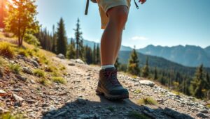 Pessoa iniciando uma trilha de trekking com equipamento básico e paisagem natural ao fundo