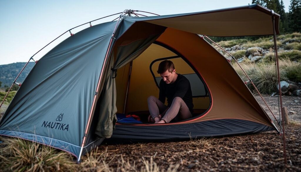 Pessoa montando uma barraca Nautika em ambiente natural