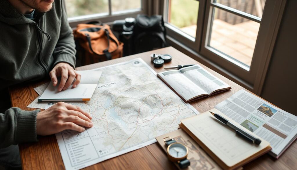 Pessoa planejando trilha com mapa e equipamentos