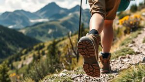 Pessoa praticando trekking em uma trilha na natureza com montanhas ao fundo