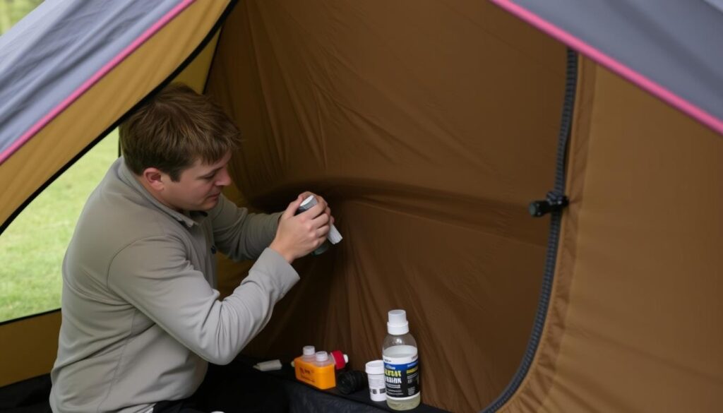 Pessoa realizando manutenção em uma barraca Nautika