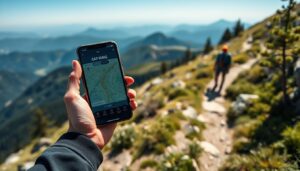 Pessoa usando aplicativo de trilhas em uma montanha com vista panorâmica