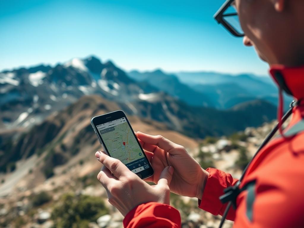 Pessoa utilizando o Wikiloc durante uma trilha de montanha