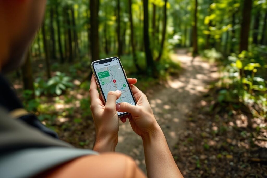 Pessoa verificando rota em aplicativo de trilhas durante caminhada na floresta