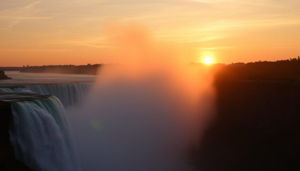 Pôr do sol sobre uma das maiores cachoeiras do mundo, criando um espetáculo visual único